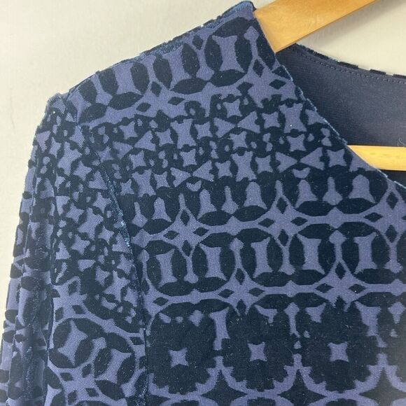 Talbot Navy Blue Burnout Velvet Blouse Size S Long Sleeve Damask - Picture 2 of 12